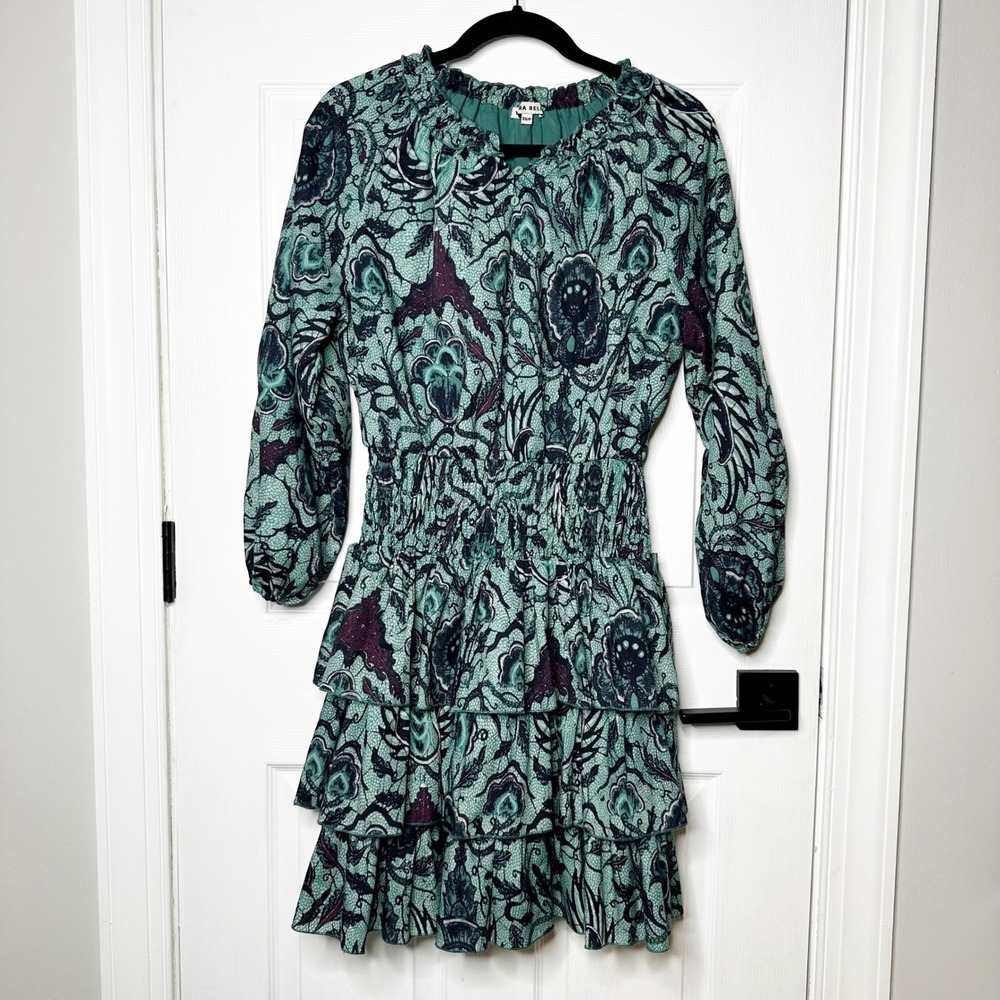 YAKIRA BELLA Womens Teal Floral‎ Long Sleeve Smocked Tiered Mini Dress XS